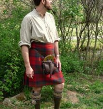 four-yard field pleated kilt in MacQuarrie tartan, customized woven in Wilsons' historical colors. Custom knit celtic knot top hose pipe.