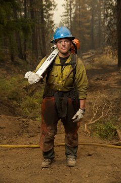 McKay DeGering, 21, a sequence saw operator (sawyer) regarding Salt Lake Unified Fire Authority team in the Fork Complex fires near Hayfork, Ca.