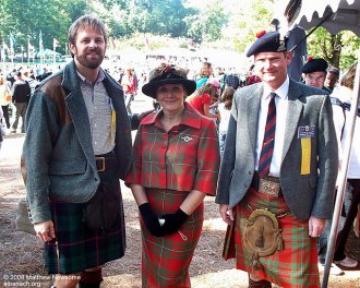 Myself with Sir Malcolm MacGregor of MacGregor and his wife, the Lady Fiona. I am wearing a four yard field pleated kilt in the Armstrong modern-day tartan, Lochcarron cloth.