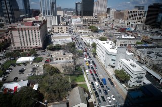 Traffic is bumper to bumper approaching Austin's Fifth Street proceeding to the Austin Convention Center.